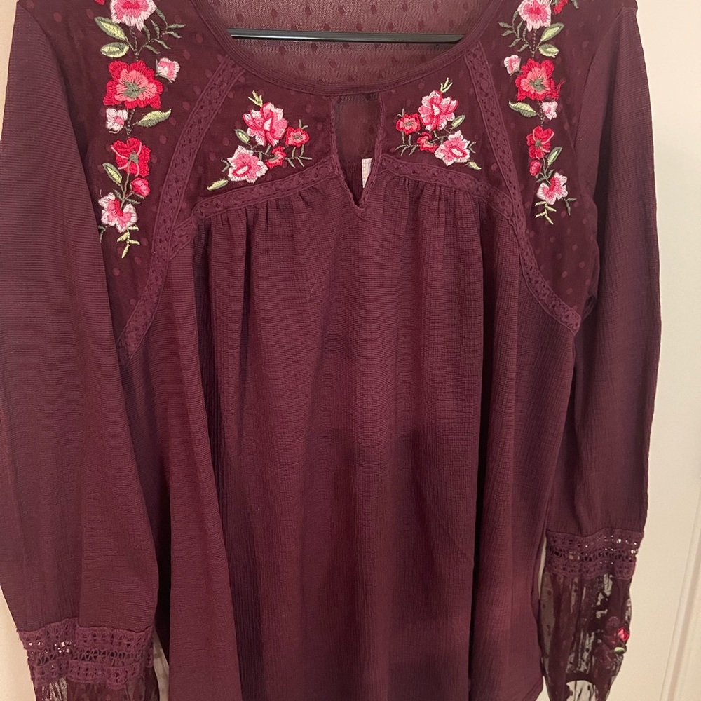 Time and Tru Burgundy Floral Embroidered Top